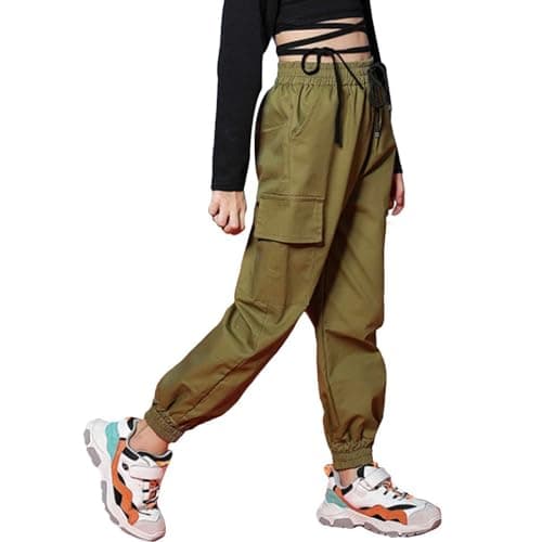 Rolanko Girls Cargo Pants Jogger Trousers with Pocket Street wear Kids Running Pants Clothing (ArmyGreen, 8-10)