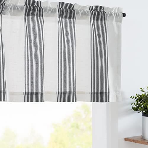 jinchan Striped Linen Valance Curtain 16 Inch Vertical Striped Valance for Kitchen Bathroom Light Filtering Window Treatment Rod Pocket Farmhouse Rustic Semi Sheer Short Window Curtain 1 Panel Black