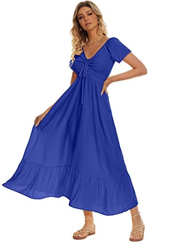 Sanmuzi Casual Short Sleeve Smocked Boho Maxi Dress for Women 2025 Summer Off the Shoulder Long Swing Beach Dress for Wedding Guest