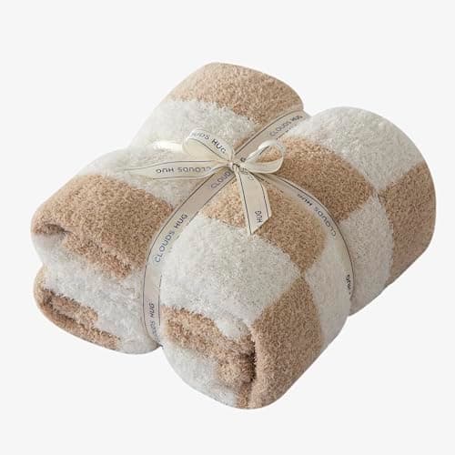 CLOUDS HUG Checkered Kids Blanket for Couch - Super Soft Knit Bed Blanket，Fluffy Fuzzy Plush Lightweight Cozy Blankets for Sofa ，Light Brown，40" x 50"