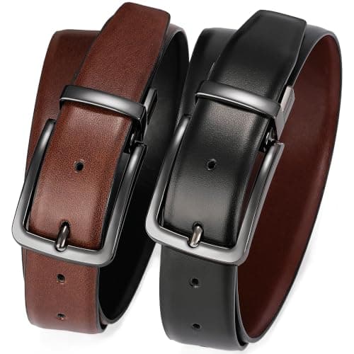 MILORDE Men’s Reversible Leather Belt for Casual Golf Dress Pants Shirts, Double Style - 2 Sides (Black/Brown - M901-34)