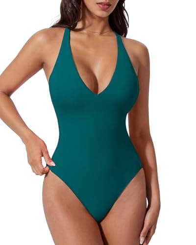 SUUKSESS Women Sexy Low Back One Piece Swimsuit Slimming Tummy Control Bathing Suit V Neck High Cut Swimwear (Upgrade Peacock Blue,M)