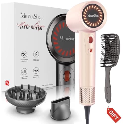 MelodySusie Hair Dryer with Diffuser,1600W Fast Drying Low Noise Ionic Hair Dryer for Curly Hair with Diffuser,Nozzle and Hair Brush,120,000 RPM Blow Dryer Ideal for Women,Light Pink