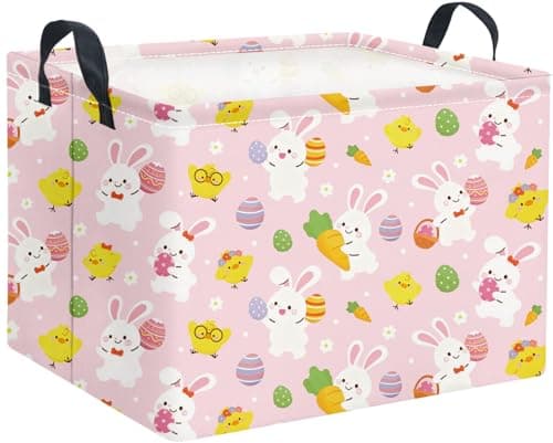 LATOGHIVE Rectangular Easter Basket Waterproof Storage Bin for Bedroom Collapsible Bin Books Box Basket Room Décor(Pink Easter)
