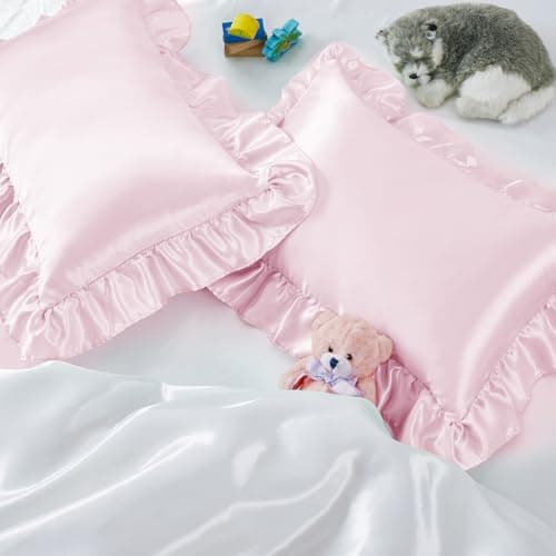 Entisn Ruffle Satin Toddler Pillowcase Set of 2, 14 x 20 Inch Toddler Silky Pillow Shams with Envelope Closure, Anti Wrinkle Soft Nursery Bedding for Girls, Boys (Baby Pink)