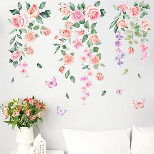 Mfault Spring Summer Rose Flower Wall Decals Stickers, Watercolor Pink Floral Butterfly Decorations Bedroom Art, Romantic Botanical Home Living Room Kitchen Decor
