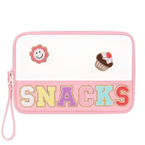 MONSTINA Snack Bag Clear Pouch Makeup Travel Toiletry Bag,Waterproof Clear Embroidery Letters Cute Cosmetic Tote Bag for Women Girls,PU Leather (Pink, Large)