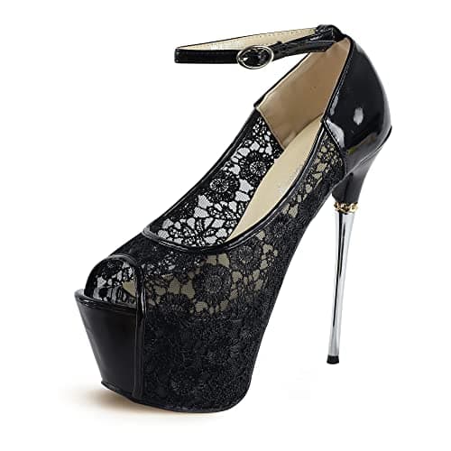 getmorebeauty Women's Black Lace Flower Strappy Hollow High Heels (US 7.5, Black)