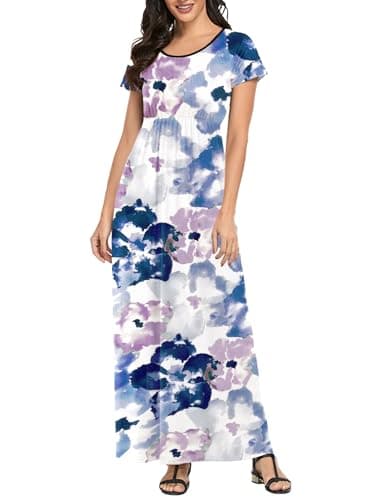 Lacavocor Womens Short Sleeve Maxi Dresses Empire Waist Long Dress,Ink Blue Full Print,S