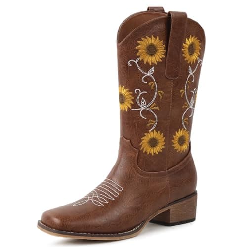FancyQueen Tan Cowboy Boots for Women Square Toe – Mid Calf Western Cowgirl Boots with Sunflower Embroidery, Chunky Heel, Pull On Design, US Size 13