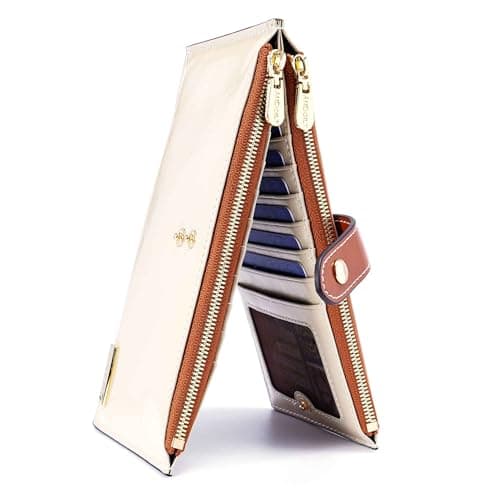 ANDOILT Women's Genuine Leather Wallet RFID Blocking Credit Card Holder Zipper Purse Cell Phone Handbag Creamy White & Brown