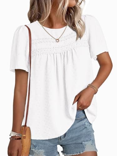 NORACORA Womens Summer Tops Crewneck Short Sleeve Shirts Casual Chiffon Boho Babydoll Blouses Flowy Lace Hem White Clothing Trendy 2026 White M