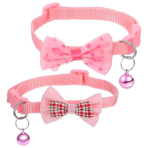 2 Pack Pink Dog Collar, Cute Bow Tie Cat Collars with Bell, Adjustable Female Kitten Breakaway Collars with Safety Buckle, Pet Supplies Accessories for Kittens and Dogs