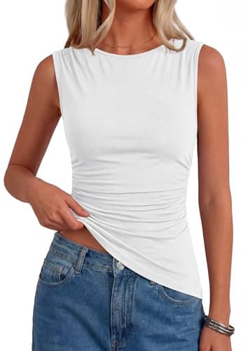 PRETTYGARDEN Asymmetrical Tank Tops for Women 2026 Summer Outfits Slim Fit Sleeveless Boat Neck Ruched Going Out Top (White,Small)