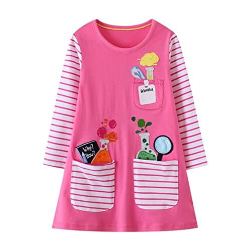 HILEELANG Toddler Girl Long Sleeve Dress Pink Stripe Appliques Cotton Casual Porcket Playwear Jersey Shirt Dresses 2T