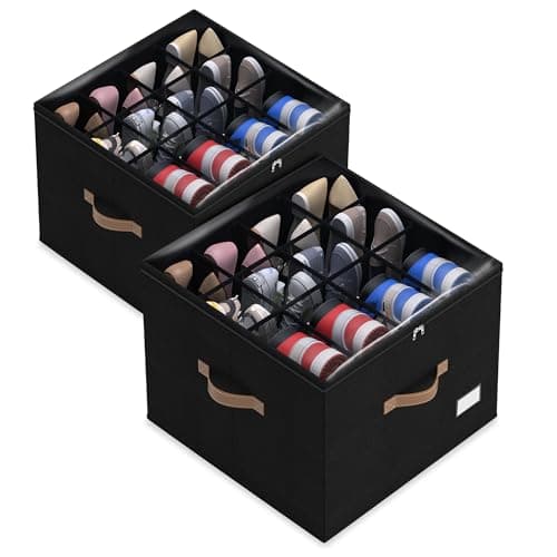 Vincona Shoe Organizer for Closet, 2 Pack Foldable Shoe Storage Bins with Clear Cover & Handles, 16-Compartment Shoe Box for Sneakers, Heels, Boots, Space-Saving Shoe Rack for Entryway, Dorm, RV