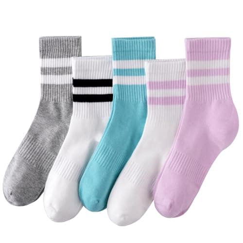 HONGTEYA Cotton Crew Socks for Women Cute Retro Striped Socks 5 Pairs with Arch Support Casual Athletic Vintage All Season
