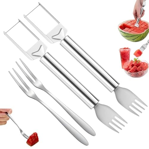 4pcs Watermelon Cutter Slicer Tool and Fork Set, Dual-Use Watermelon Cutter with Watermelon Fork, Fruit Knife for Kitchen, Easy Fruit Cutting and Serving for Summer Parties