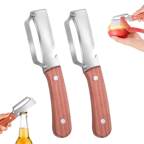 2 in 1 Vegetable Peeler, 2 PCS Multi Functional Potato Peelers Stainless Steel Blade Fruit Peeler with Wooden Handle Bottle Opener for Kitchen Mango Kiwi Pineapple Pumpkin Papaya Carrot
