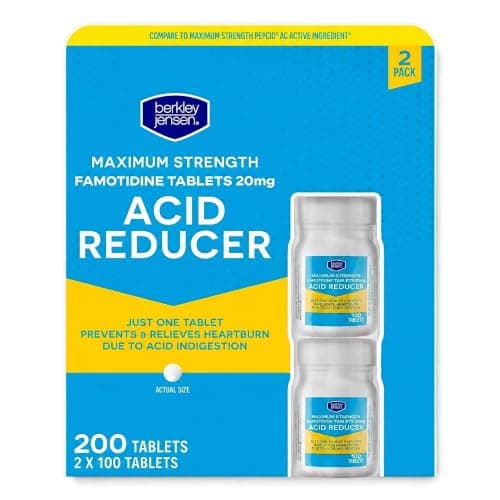 berkley jensen Maximum Strength Famotidine 20 mg, Acid Reducer Tablets, Relieves Meal-Induced Heartburn & Acid Indigestion Symptoms, All-Day Heartburn Prevention & Relief, 100 Count (Pack of 2)