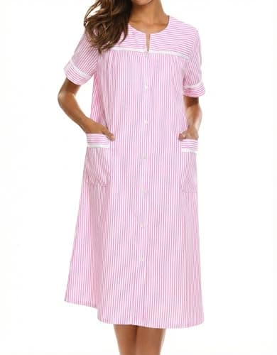 Ekouaer Nightgowns for Women House Dress with Pockets Button Down House Coat Short Sleeve Night Gowns Duster Moo Moos Striped Pink Large
