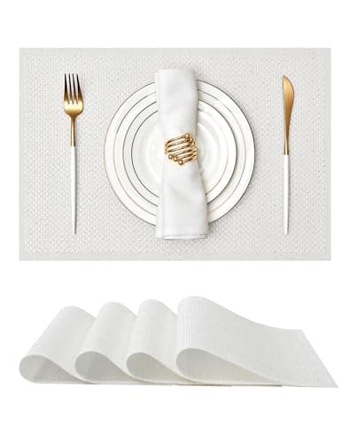 Leetaltree Sparkling Translucent White Sequin Woven Vinyl Placemats, Set of 6 - Waterproof & Washable Dining Table Mats for Wedding, Anniversary, Daily Use, Hand-Cut