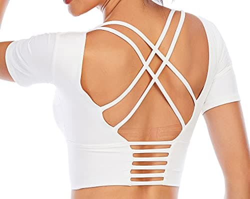 ECUPPER Women Short Sleeve Workout Tops Backless Yoga Gym Shirts Athletic Crop Top with Built in Bra for Fitness Sports Activewear White