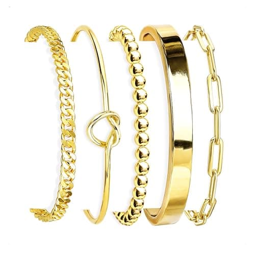 HERIER Gold Bangle Bracelets Stack for Women 14K Gold Plated Cuff Bracelet Set Chain Bracelet Jewelry Set for Women Trendy