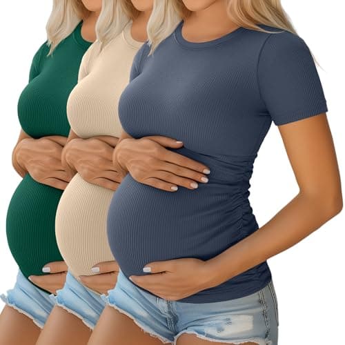 Ficerd 3 Pack Women's Short Sleeve Maternity Shirts, Medium, 3-Color