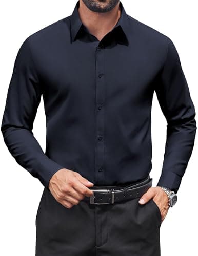 COOFANDY Mens Button Down Shirts Long Sleeve Dress Stain Shield Stretch Shirts Work Wedding Formal Business Shirt Navy Blue