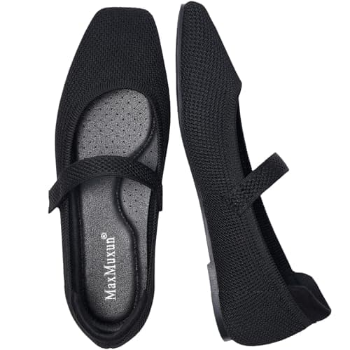 MaxMuxun Women's Ballet Flats Square Toe Mary Jane Shoes Women Arch Support Comfortable Walking Shoes Knit Ballerina Flats for Casual Office Dressy Business Black Size 8