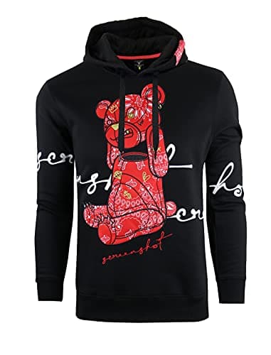 SCREENSHOT-H1122 Mens Urban Hip Hop Premium Fleece Hoodie - Head Lifting Paisley Cartoon Teddy Bear Fashion Hooded Sweatshirt-Black/Red-Small