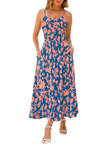 Annebouti Summer Spring Long Maxi Beach Dresses for Women 2025 Beach Vacation Clothes Casual Cute Flowy Cruise Travel Boho Sexy Floral Hawaiian Sundress Blue Orange L