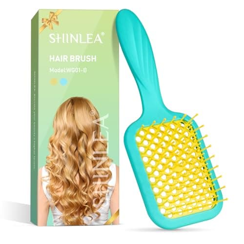 SHINLEA Vented Detangler Brush for Curly Thick Hair, Women Hairbrush with Soft Wave-Shaped Bristles, Curl Detangling Brush for Swimming Beach, Yellow and Blue