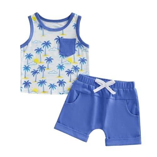 GGBNOMER Toddler Baby Boy Summer Clothes Boat/Tree/Dinosaur Print Tank Vest Top + Elastic Waist Shorts Sets Outfits (Tree Blue, 18-24 Months)