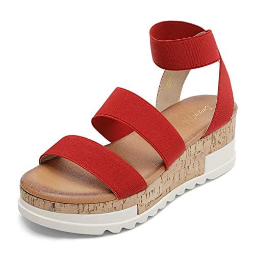 DREAM PAIRS Women's Open Toe Elastic Ankle Strap Casual Flatform Platform Wedges Sandals,Size 5.5,Red,REED-1