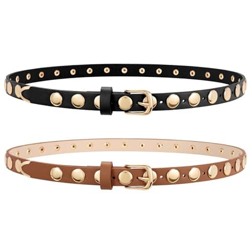 WERFORU 2 Pack Women Skinny Studded Belt Fashion Leather Waistbelts for Women Black Studded Belt for Jeans Pants Dresses 0.71" Width,Black+Brown-Gold,21"-25" Waist Adjustable