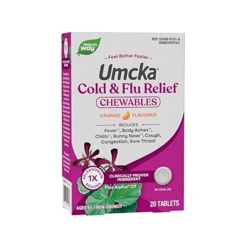 Nature's Way Umcka Cold and Flu Relief Chewables, Non-Drowsy Multi-Symptom Relief, Homeopathic Cold Medicine and Remedy, Shortens & Reduces Severity of Colds, Orange-Flavored Tablets, 20 Count