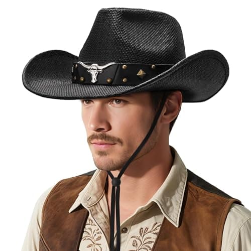Straw Cowboy Hat for Women and Men, Western Cowgirl Hat Wide Brim Classic Sun Hats Outdoor Beach Hat Hats Black
