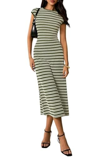 PRETTYGARDEN Women's 2026 Summer Bodycon Midi Dress Casual Striped Cap Sleeve Party Wedding Guest Dresses Vacation Outfits(Striped Army Green White,Medium)