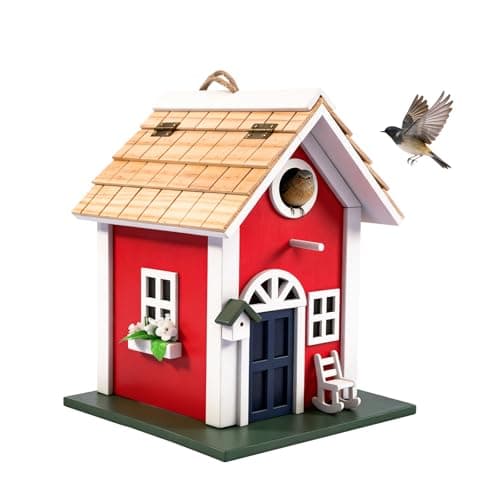 MEWANG Rustic Wooden Bird House for Outside - Hanging Colorful Bird Feeder Cottage, Unique Garden Decor Gift for Hummingbirds, Bluebirds & Wild Birds