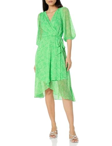 DKNY Women's Chiffon Balloon Sleeve Faux Wrap Midi Dress with High-Low Hem, Island Green, 4