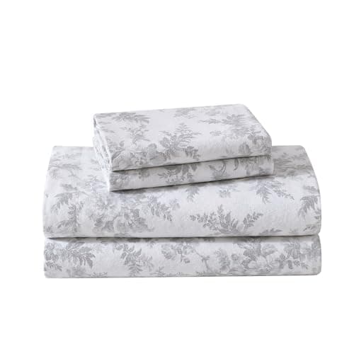 Laura Ashley - Flannel Sheets Twin Size, Anti-Pilling & Wrinkle Resistant Cotton, Touchably Soft for All-Season Comfort - Bed Sheets with Matching Pillowcase & Fitted Sheet (Vanessa Grey)