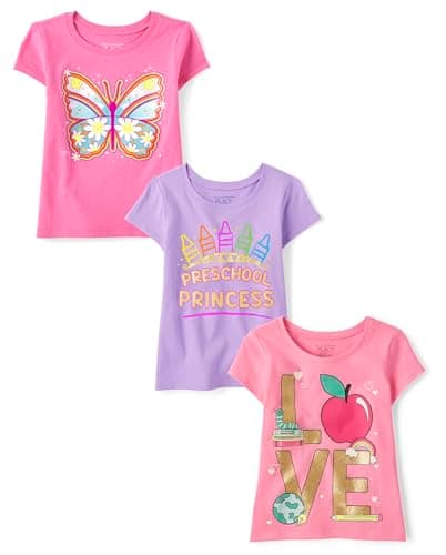 The Children's Place,Baby Girls,and Toddler School Days Short Sleeve Graphic T-Shirts,Multipacks,School Love/Preschool/Butterfly 3-Pack,18 Months,24 Months