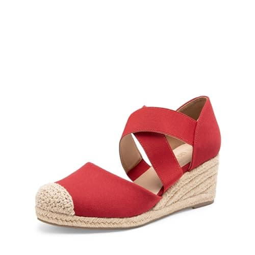 DREAM PAIRS Womens Close Toe Espadrilles Platform Slip on Elastic Criss Cross Straps Dressy Wedges Sandals,Size 6.5,Red,SDPW226W