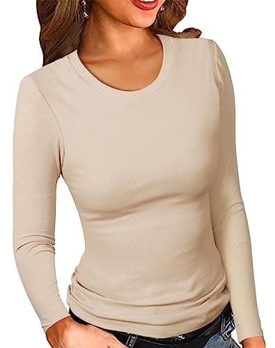 PALINDA Women Long Sleeve Shirts Crew Neck Ribbed Fitted Shirts Basic Stretchy Layering Tee Tops Beige,S