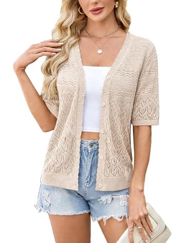 Yekaty Beige Short Sleeve Cropped Cardigan Crochet Button Summer Sweaters