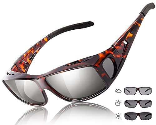 LVIOE Fit Over Photochromic Polarized Sunglasses for Outdoor Activities Wear Over Rx/Prescription Glasses UV400 Protection (Red Tortoise Frame Photochromic Polarized Fit Over Sunglasses)