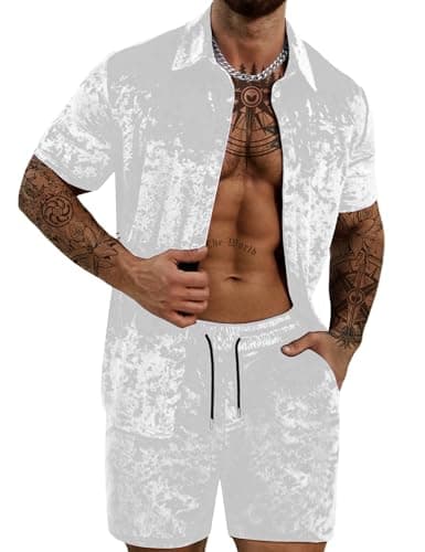 ZSJR Men's Velvet Velor Tracksuits 2 Piece Lounge Outfits Shirt and Shorts with Pockets S-2XL