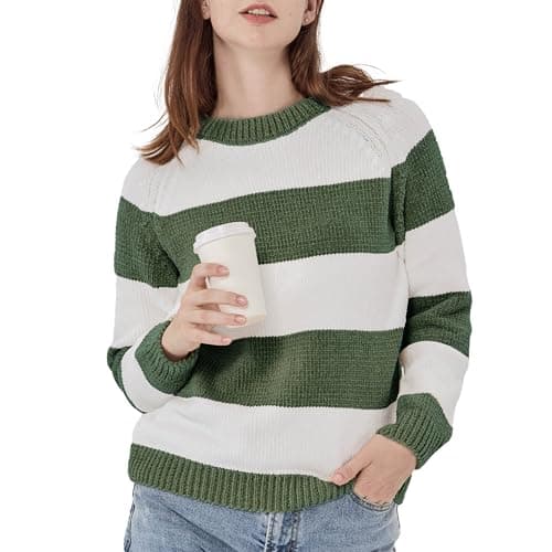 Simple&Opulence Women's Chenille Sweater Crewneck Long Sleeve Pullover Ribbed Cuff Hem Round Neck Jumper Tops(Olive Green and White,M)